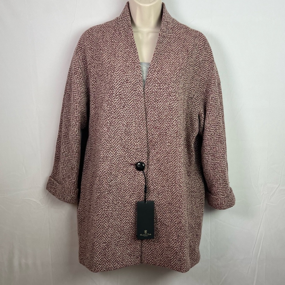 NWT Massimo Dutti Burgundy Herringbone Coat with Black Button Open Collar